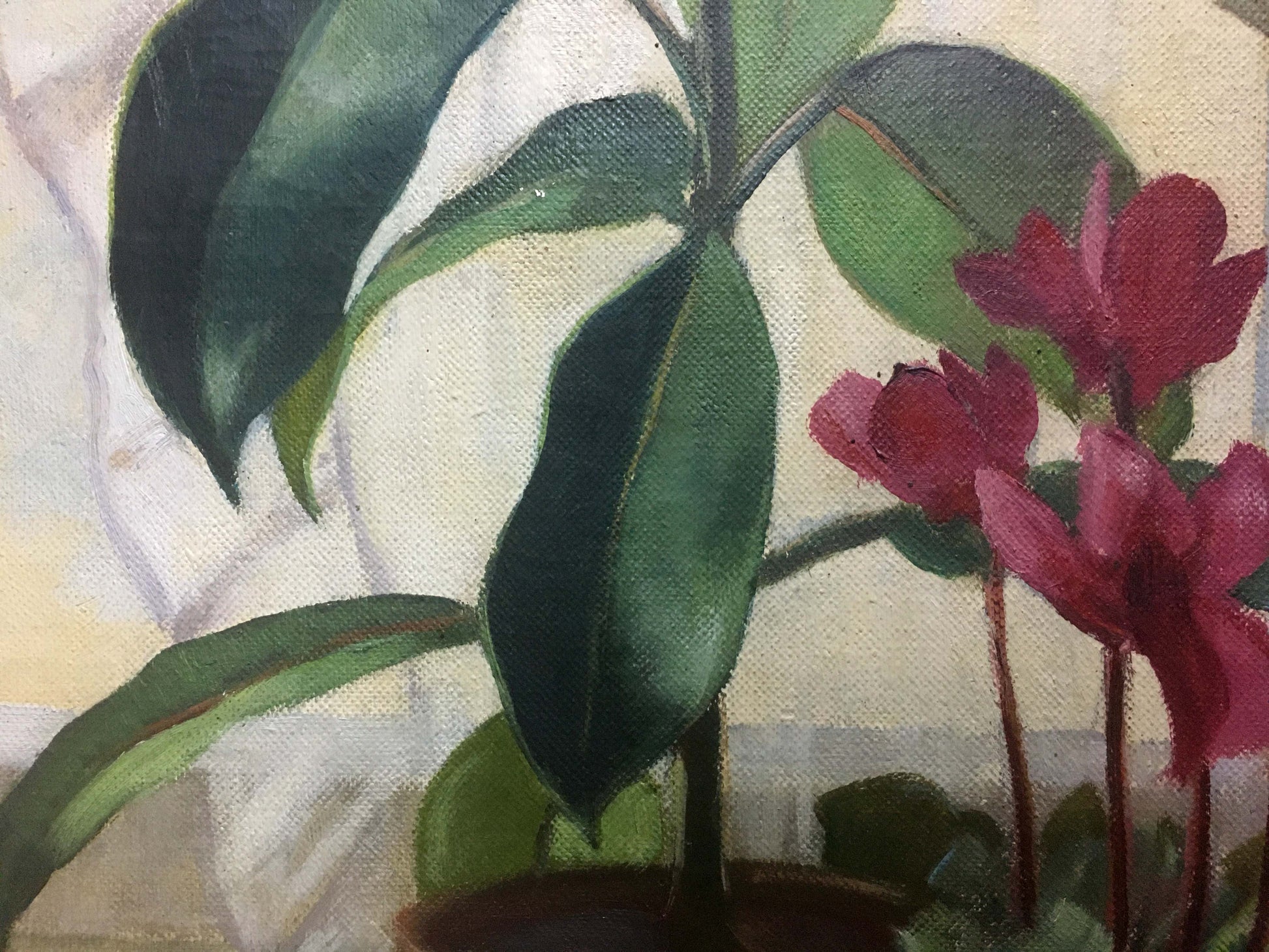 Oil painting Still life Owiejleising: potted plant with dark green leaves, magenta flowers