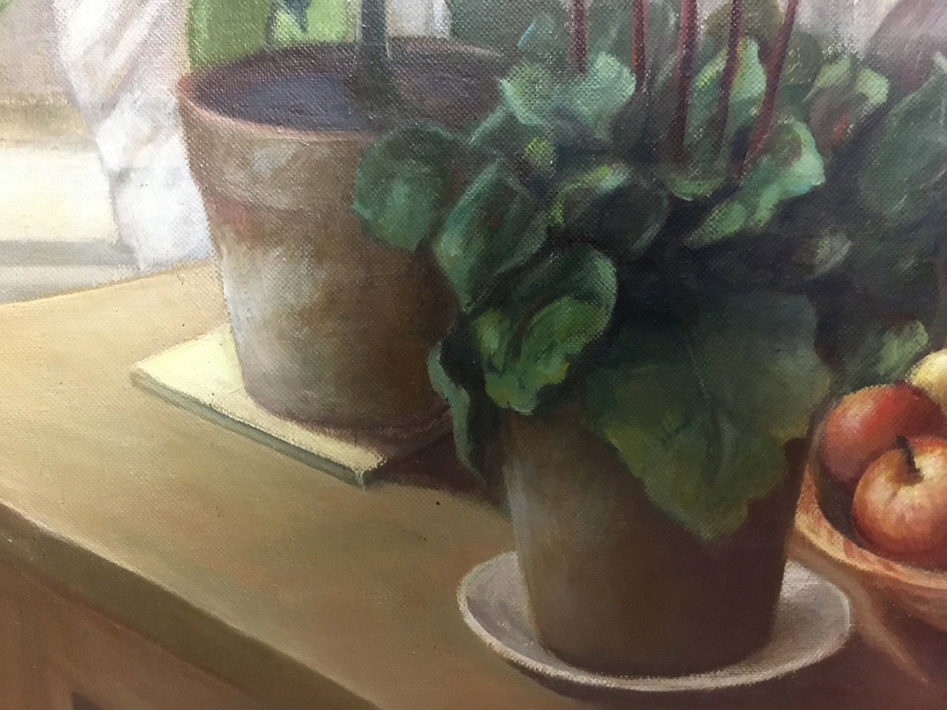 Oil painting Still life Owiejleising of potted plant in rustic brown pot