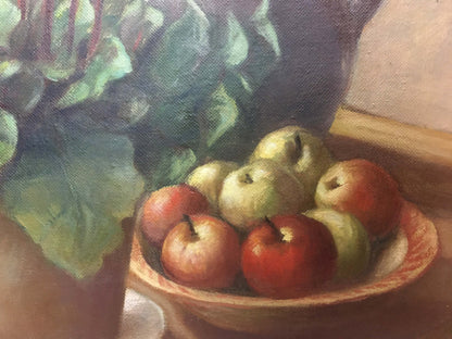 Oil painting Still life Owiejleising of rustic bowl with red green apples