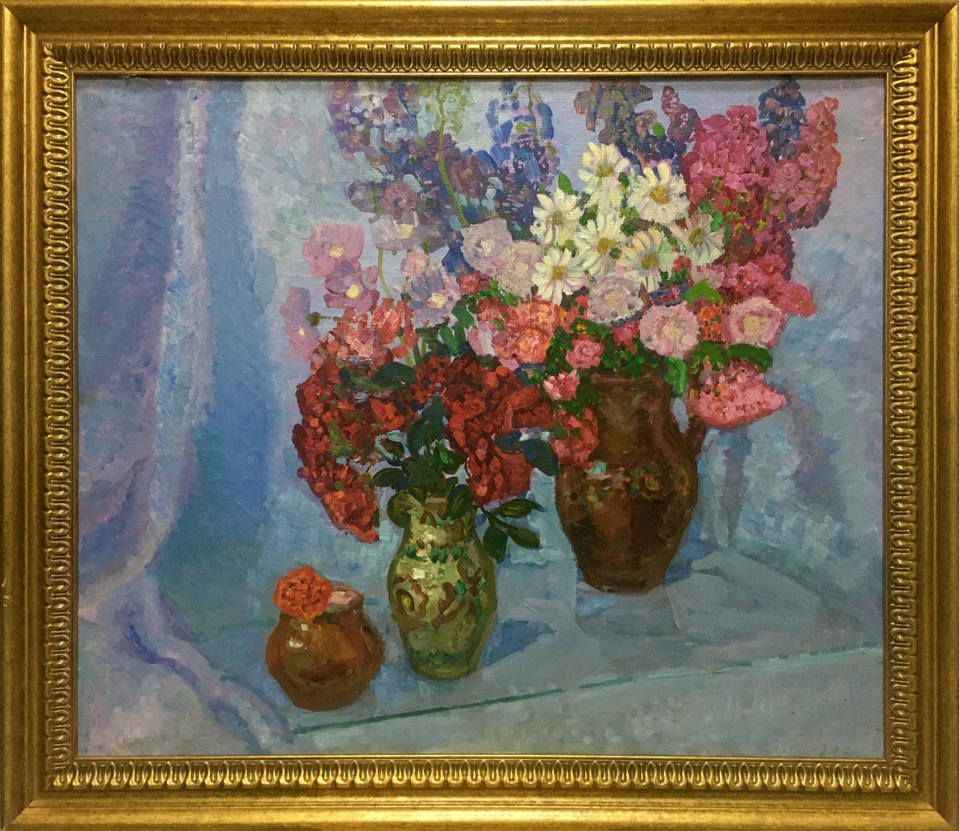 Vibrant impressionist oil painting of flowers in vases by Gaiduk Zinaida Kirillovna