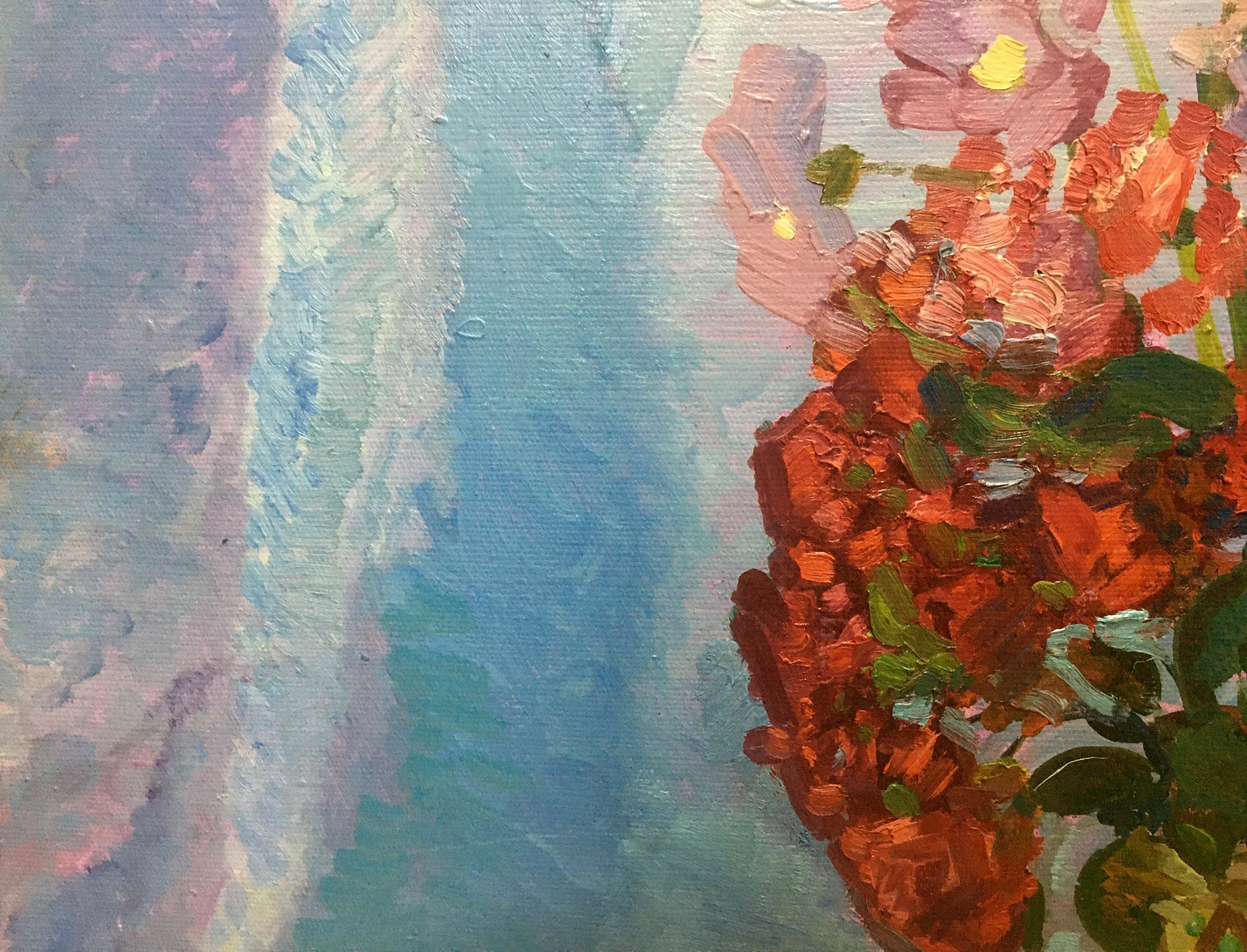 Oil painting Still life by Gaiduk Zinaida Kirillovna with vibrant red pink flowers