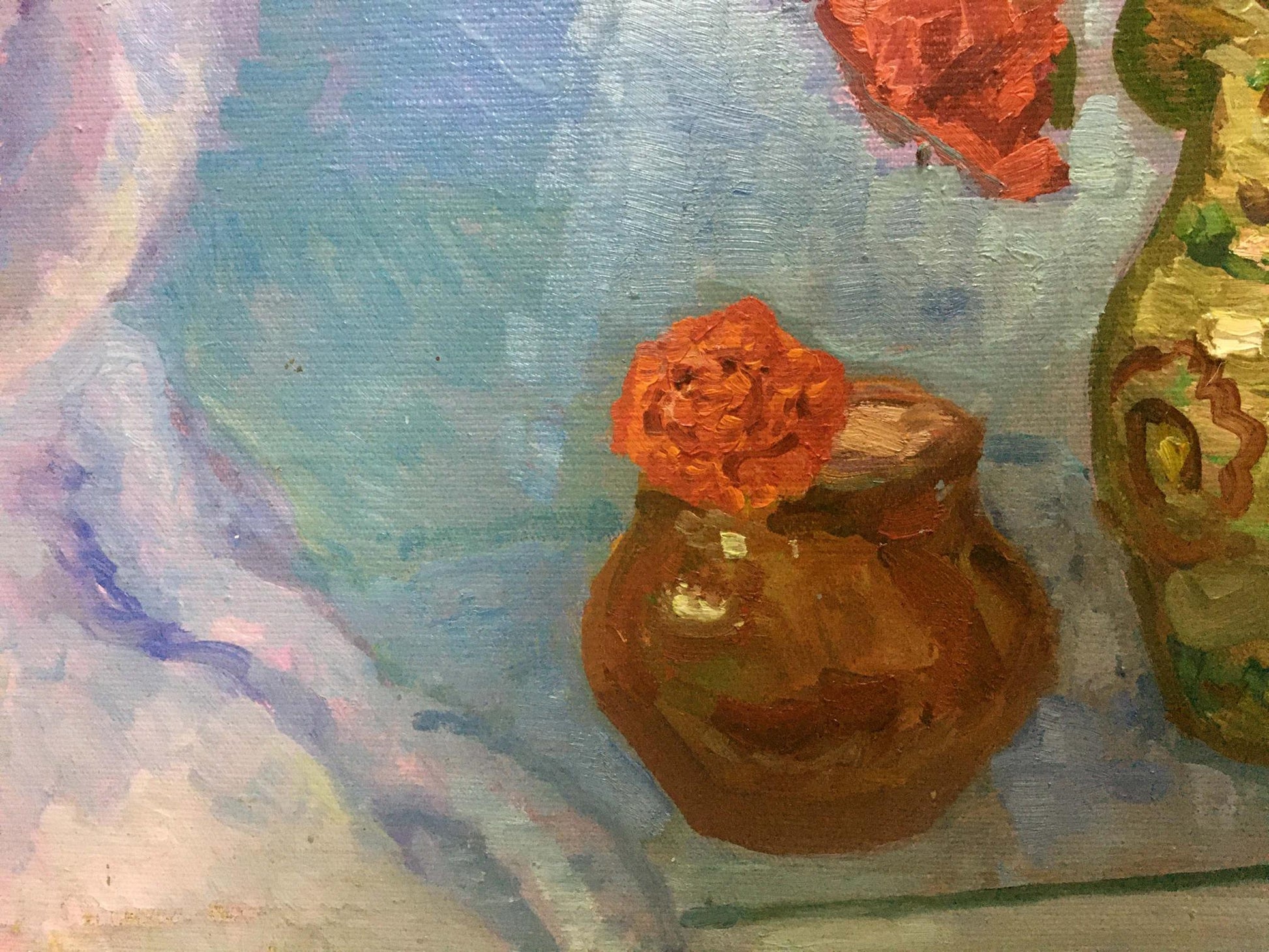 Oil painting still life by Gaiduk Zinaida Kirillovna with terracotta vase and orange flower