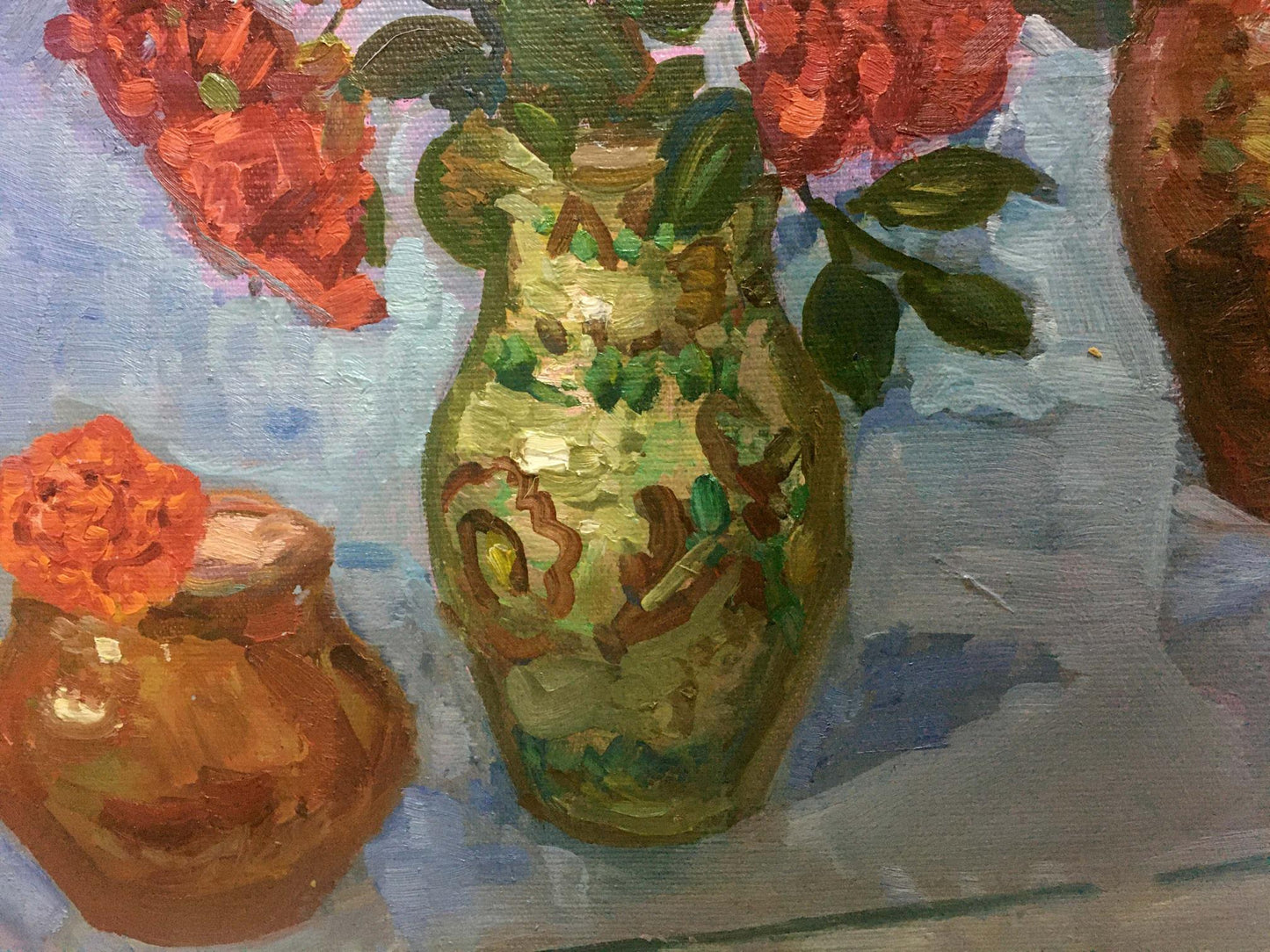 Oil painting of green brown vase with red flowers by Gaiduk Zinaida Kirillovna