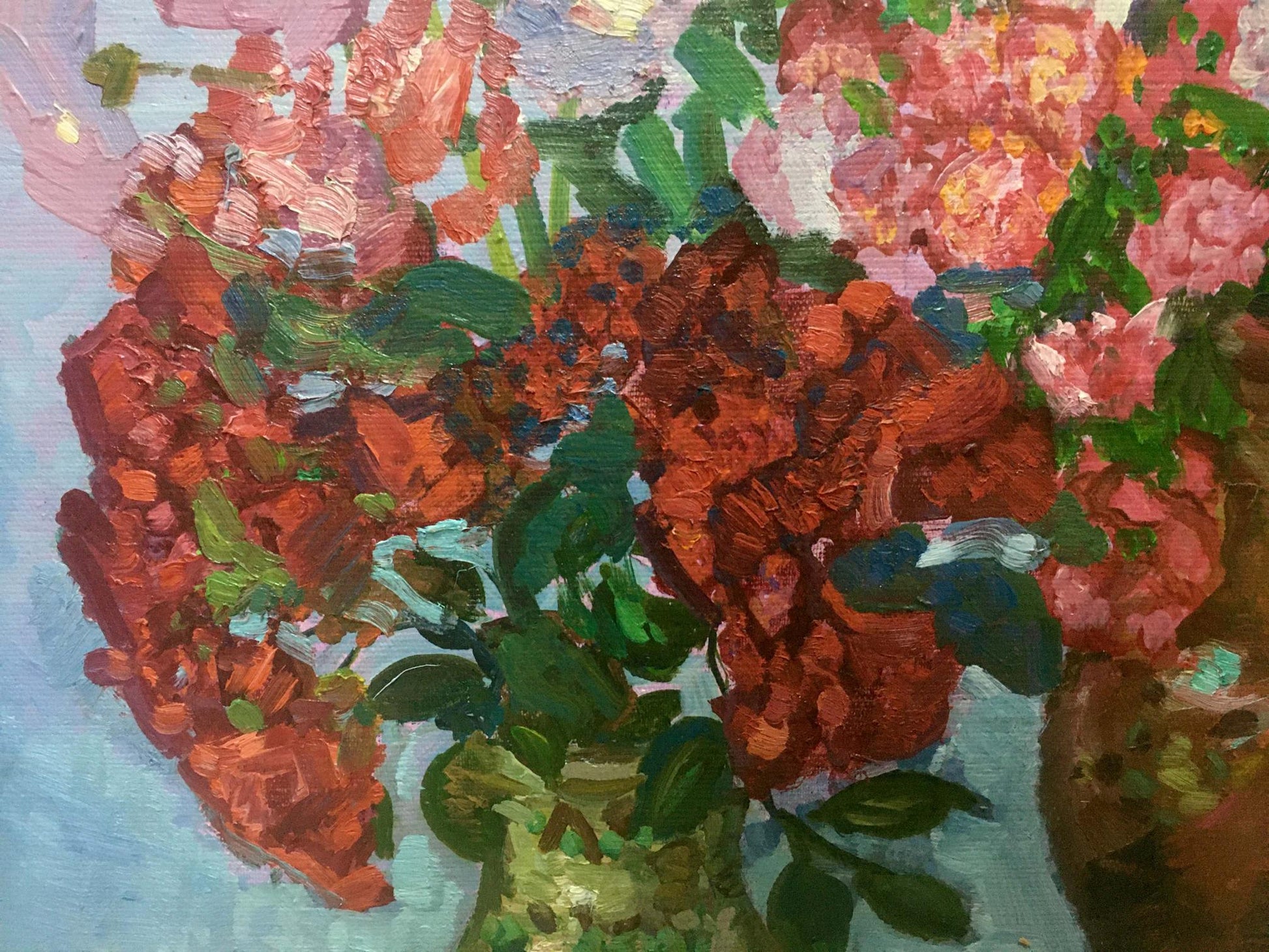 Vibrant impressionist oil painting of lush florals in green vase by Gaiduk Zinaida Kirillovna