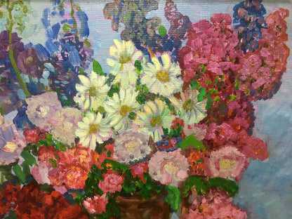 Oil painting by Gaiduk Zinaida Kirillovna: daisies in brown vase
