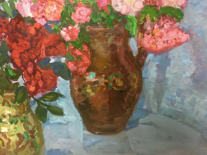 Oil painting still life by Gaiduk Zinaida Kirillovna with rustic brown vase and vibrant pink red flowers