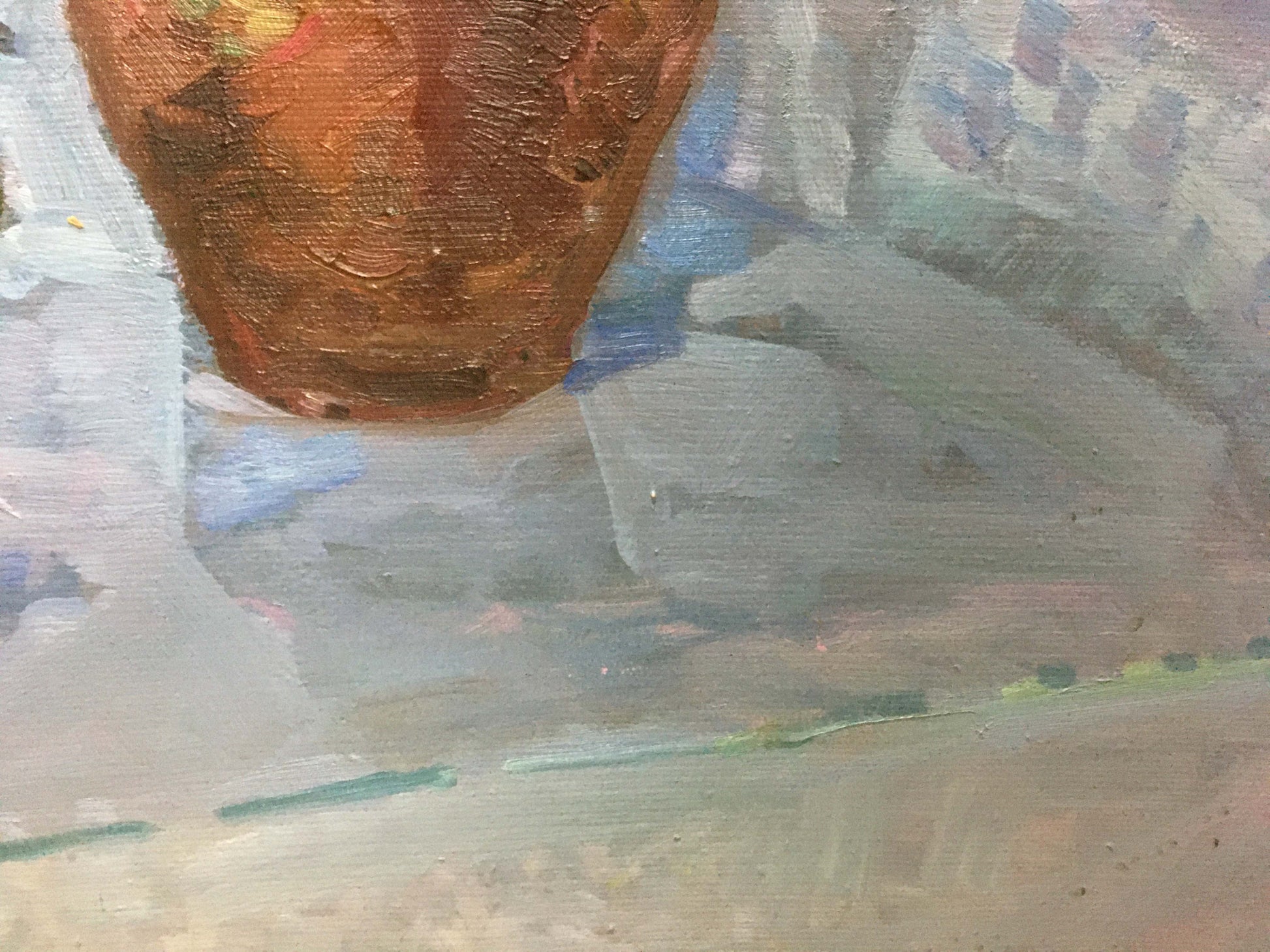 Textured earthy-brown ceramic vase in Gaiduk Zinaida Kirillovna oil painting still life