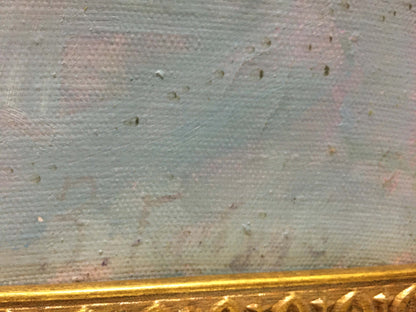 Oil painting Still life by Gaiduk Zinaida Kirillovna, textured blue-pink canvas in gold frame
