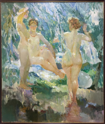 Framed oil painting At a Lake by Chaus Victor Nikolaevich, two nude women in lush green setting
