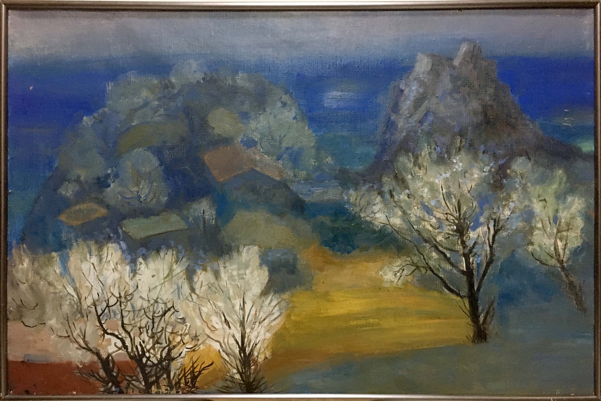 Oil painting View from Bolgatur hill by Rudakov M.Z. with blossoming trees