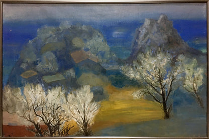 Oil painting View from Bolgatur hill by Rudakov M.Z. with blossoming trees