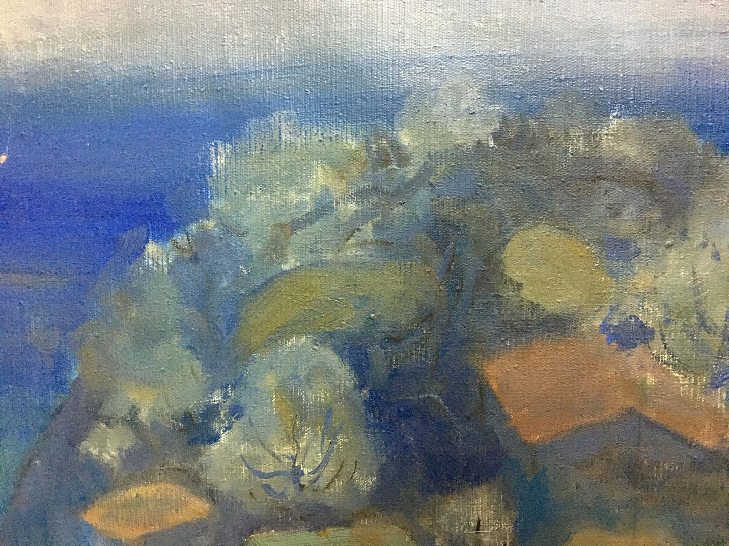 Abstract oil painting View from Bolgatur hill by Rudakov M.Z. in blue green ochre