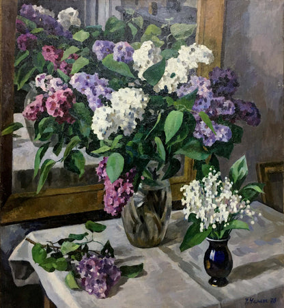 Oil painting Lilac Chamata by Igor Pavlovich: lush lilacs in textured glass vase
