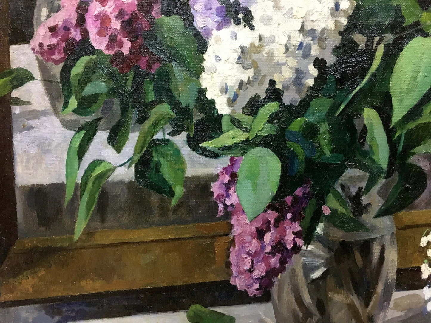 Oil painting Lilac Chamata by Igor Pavlovich: pink, purple, white lilacs in glass vase