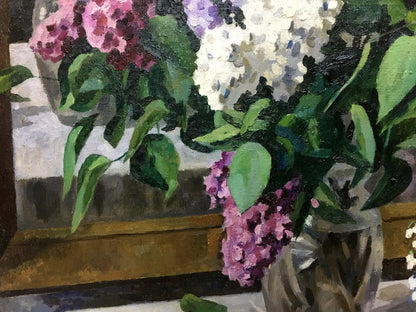 Oil painting Lilac Chamata by Igor Pavlovich: pink, purple, white lilacs in glass vase