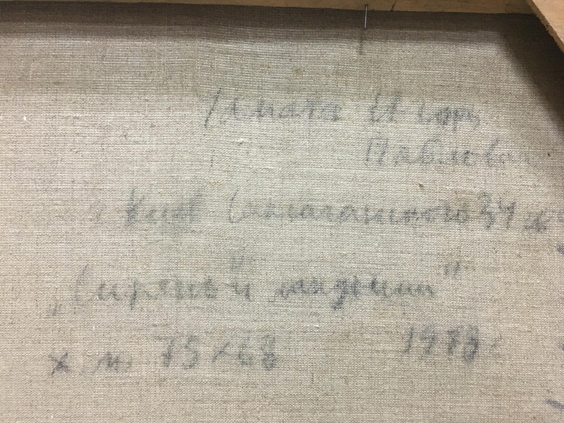 Back of Oil painting Lilac Chamata Igor Pavlovich: gray textured canvas with faint handwritten text