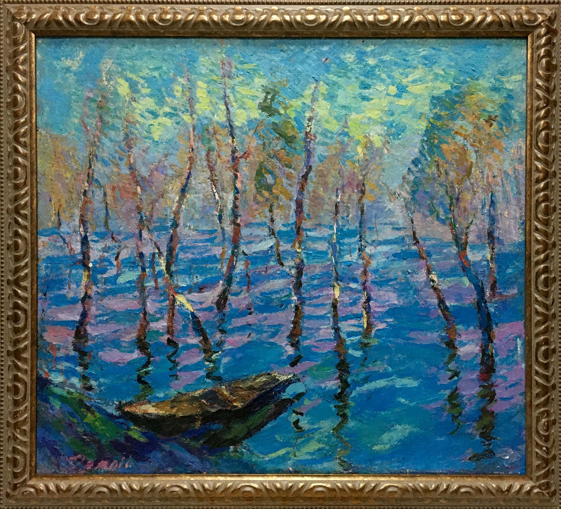 Framed Oil Painting River Dupliy by Sergey Alexandrovich rowboat scene