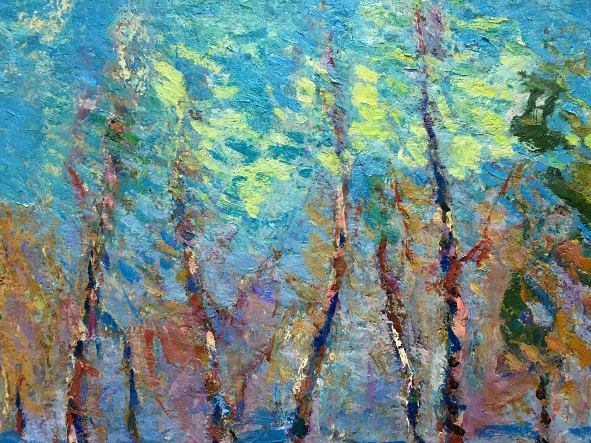 Vibrant impressionist oil painting of birch trees by River Dupliy Sergey Alexandrovich
