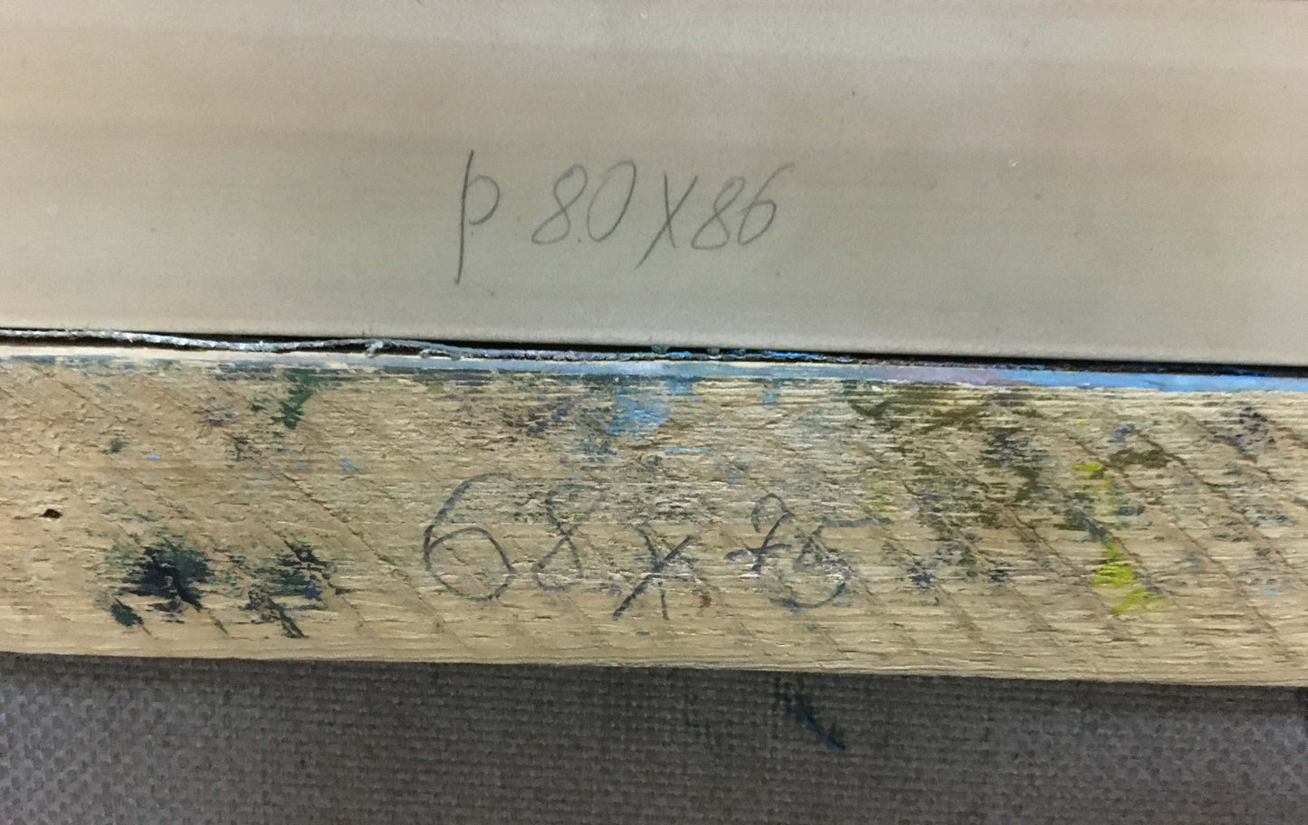 Back of Oil painting River Dupliy Sergey Alexandrovich: weathered plank with grain, paint splatters, handwritten measurements