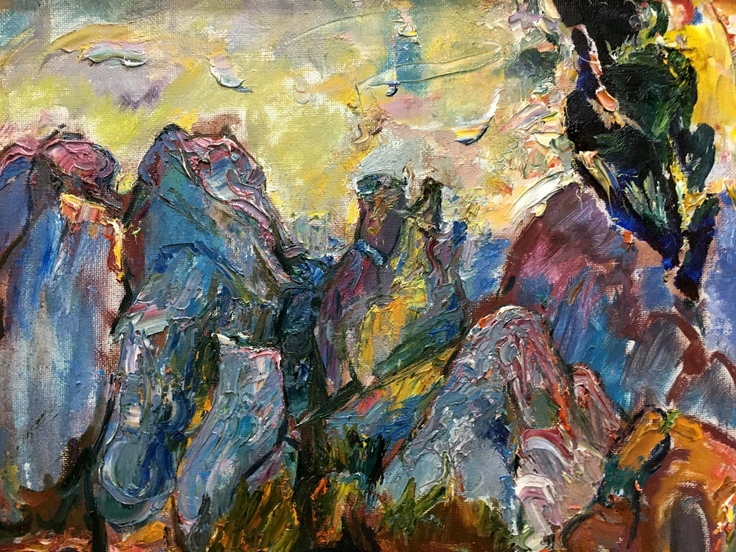 Vibrant impressionist oil painting In the Bay by V. Lebedeva with rugged mountains