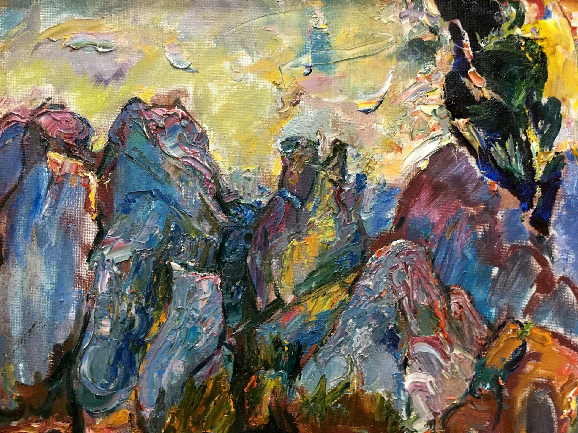 Vibrant impressionist oil painting In the Bay by V. Lebedeva with rugged mountains