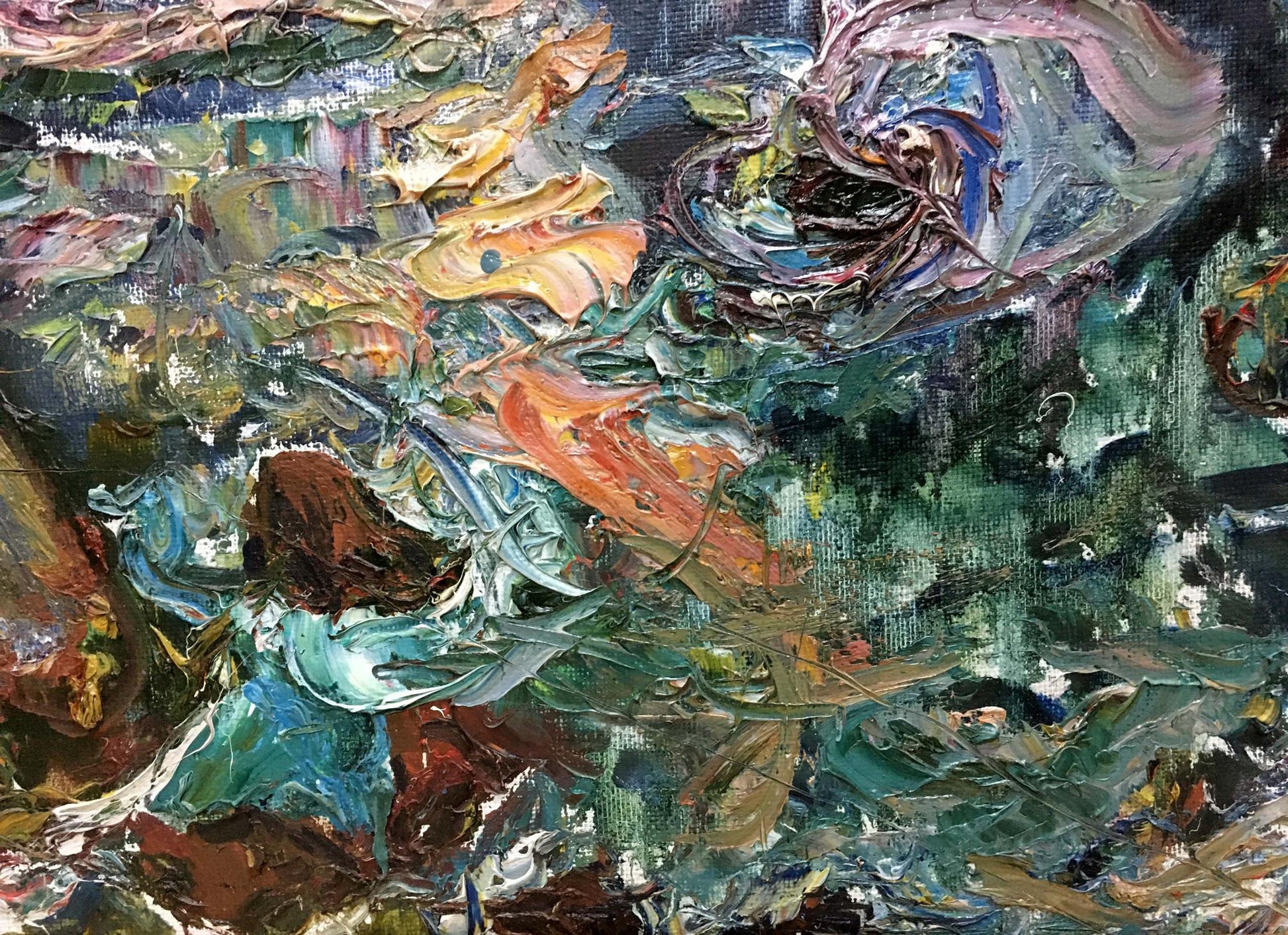 Vibrant impasto oil painting In the Bay by V. Lebedeva in teal orange brown blue