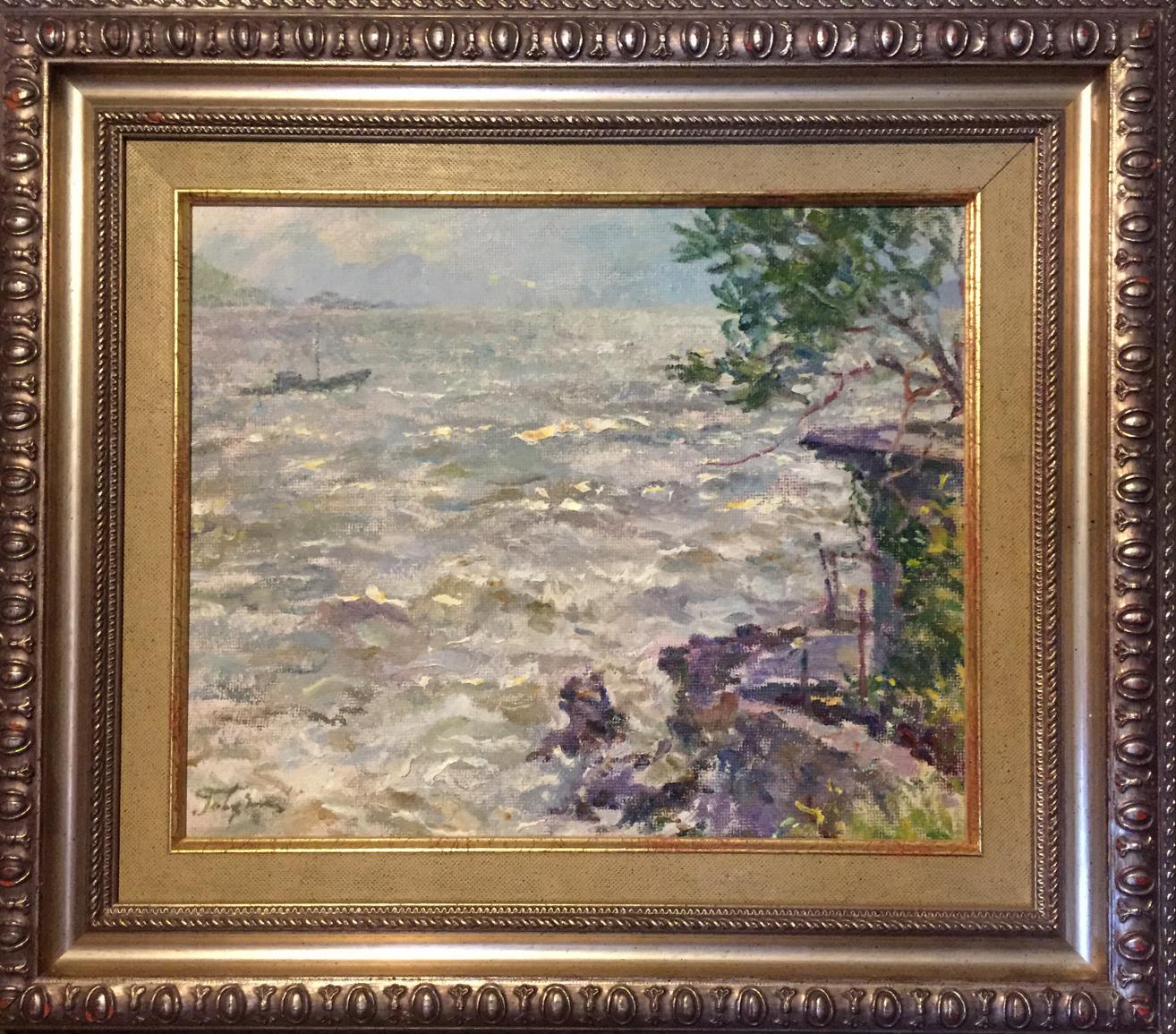 Antique gold-framed oil painting Sea Gavdzinsky by Albin Stanislavovich