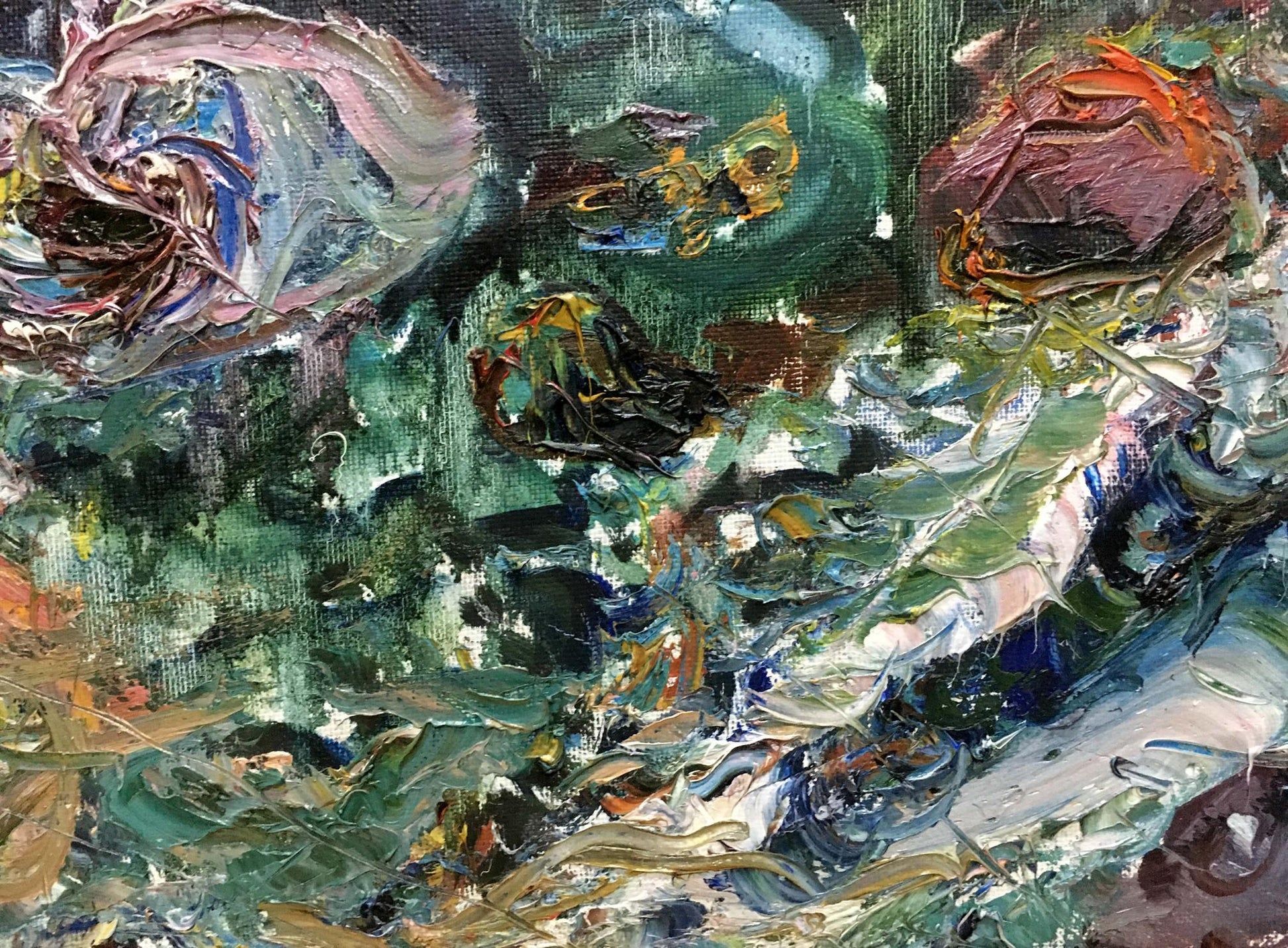 Oil painting In the bay V. Lebedeva with green purple blue strokes