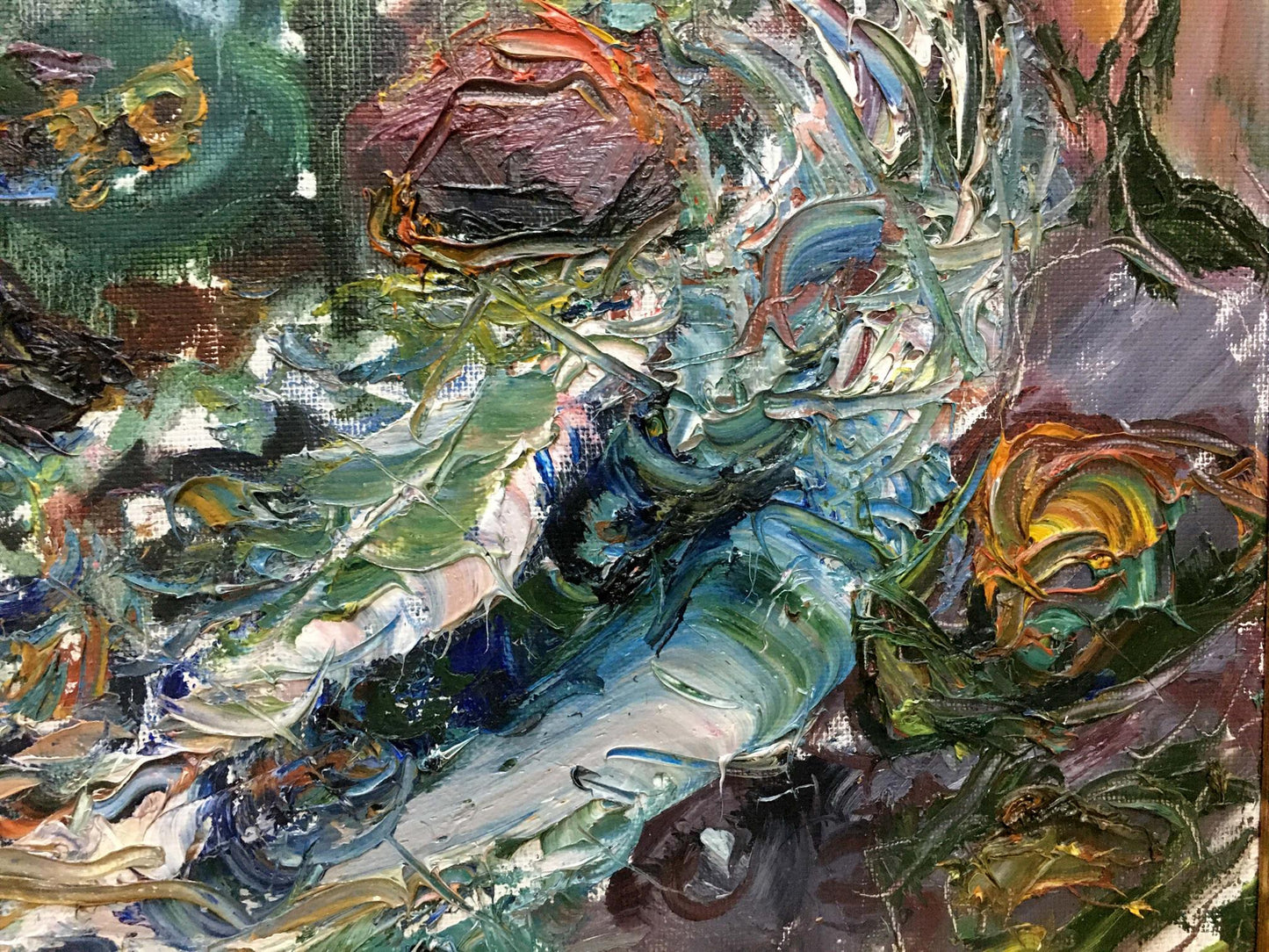 Vibrant oil painting In the bay by V. Lebedeva with green, blue earthy tones