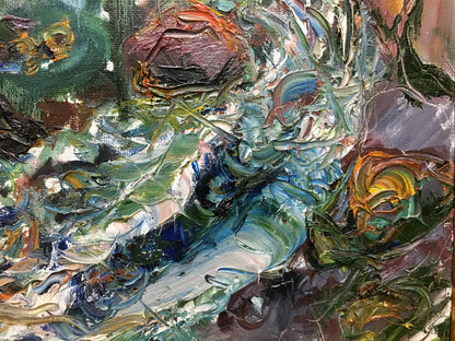 Vibrant oil painting In the bay by V. Lebedeva with green, blue earthy tones