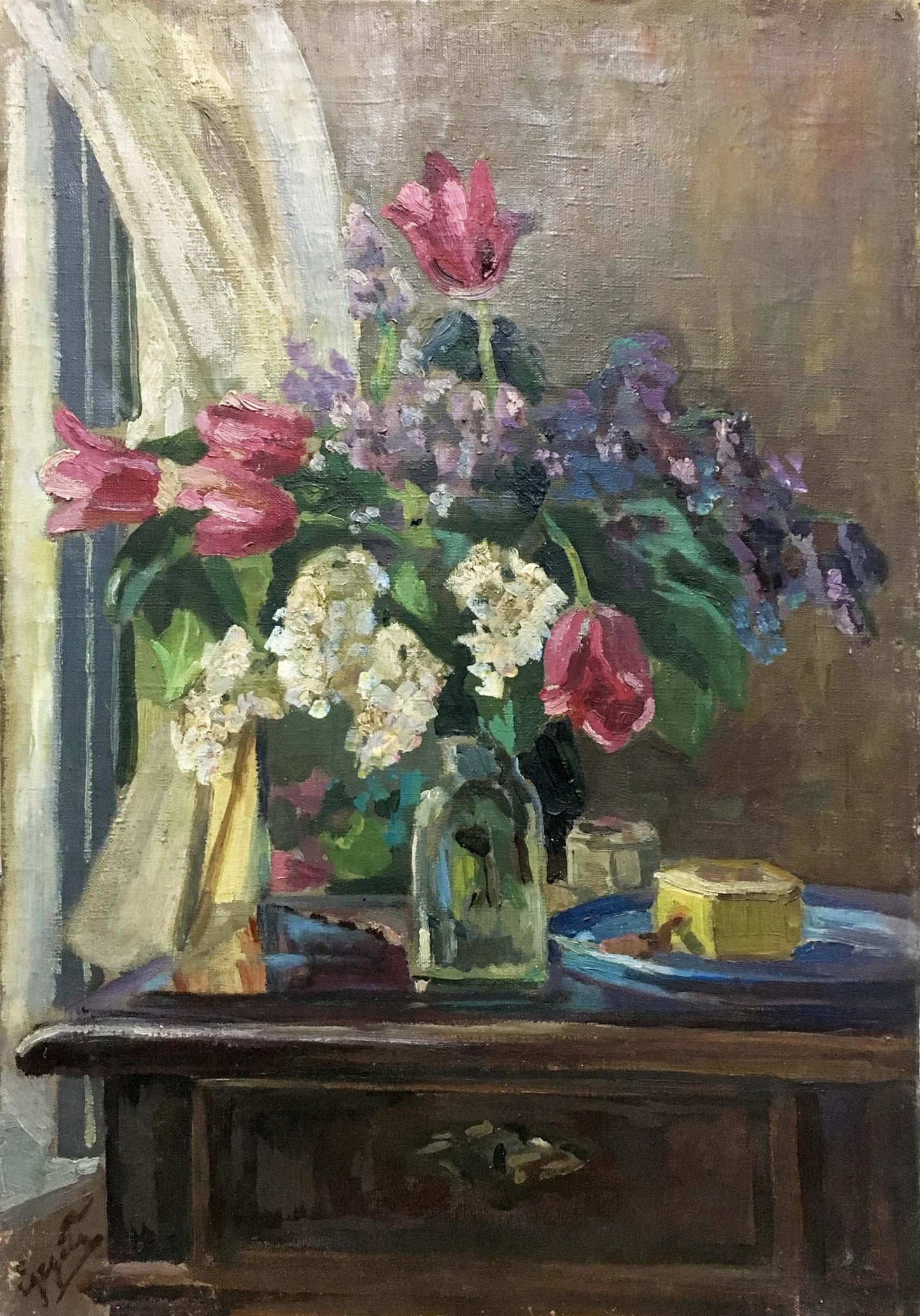 Oil painting of pink tulips, white hydrangeas, purple lilacs by Erdeli