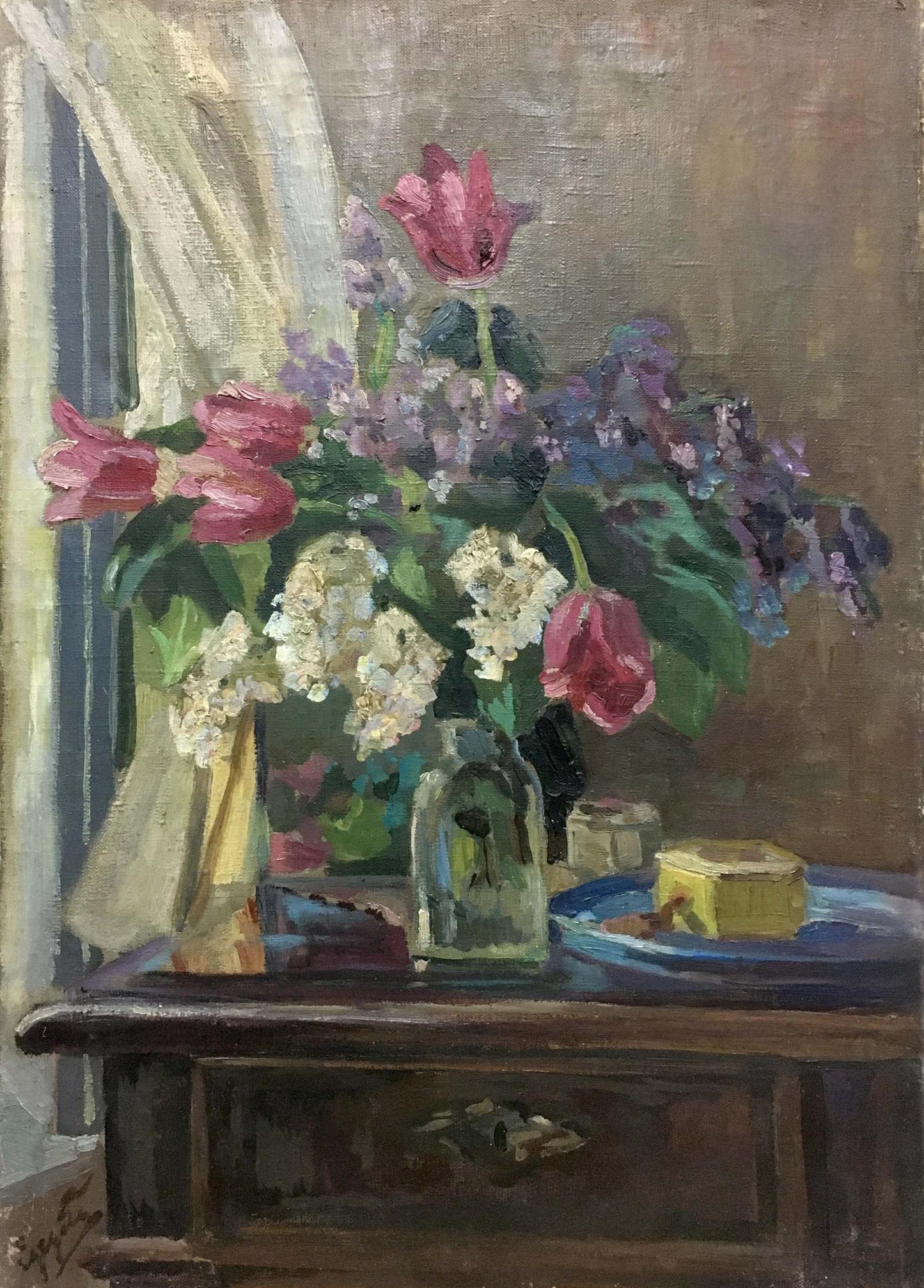 Oil painting of pink tulips, white hydrangeas, purple lilacs by Erdeli