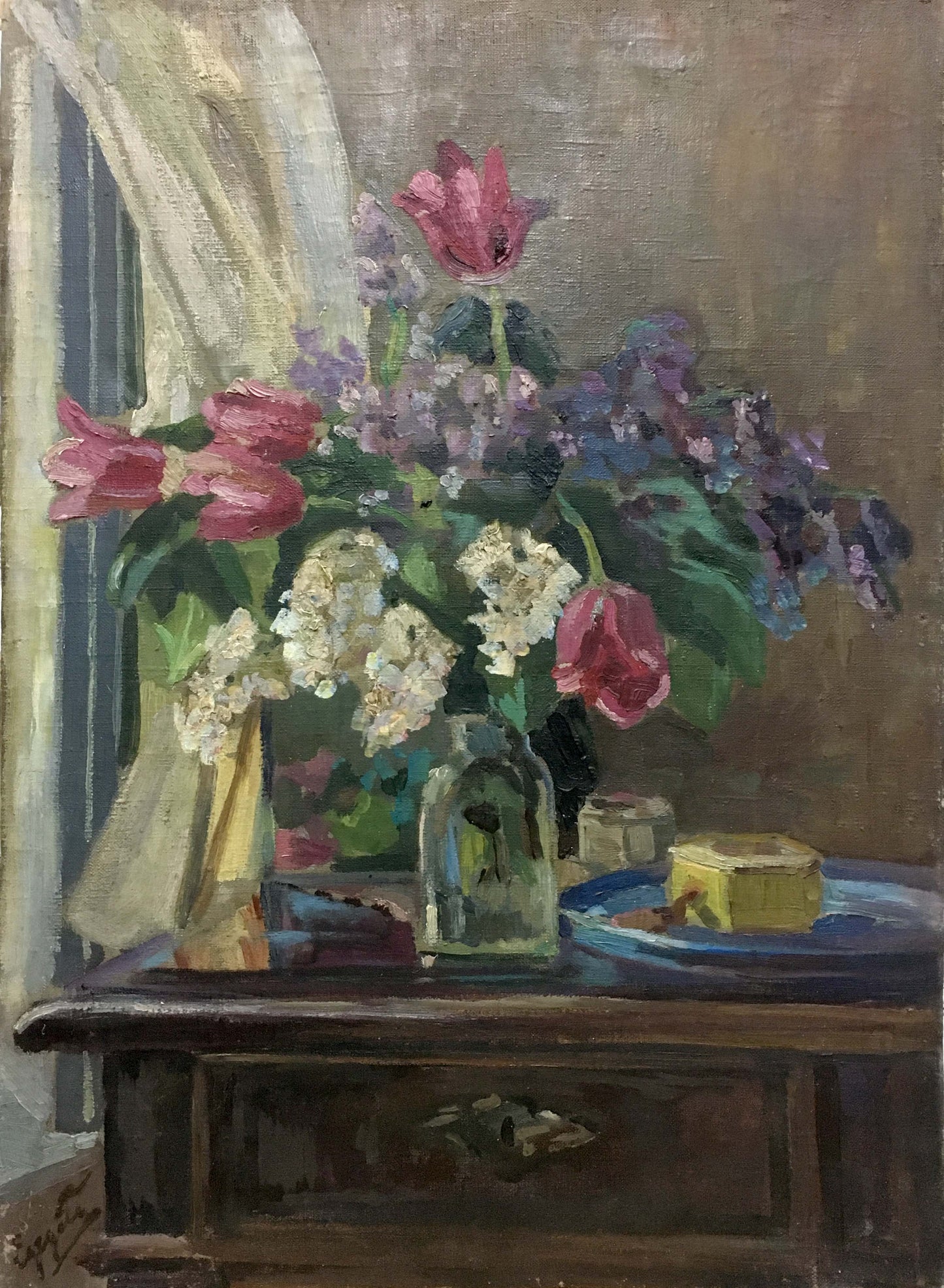 Oil painting of pink tulips, white hydrangeas, purple lilacs by Erdeli