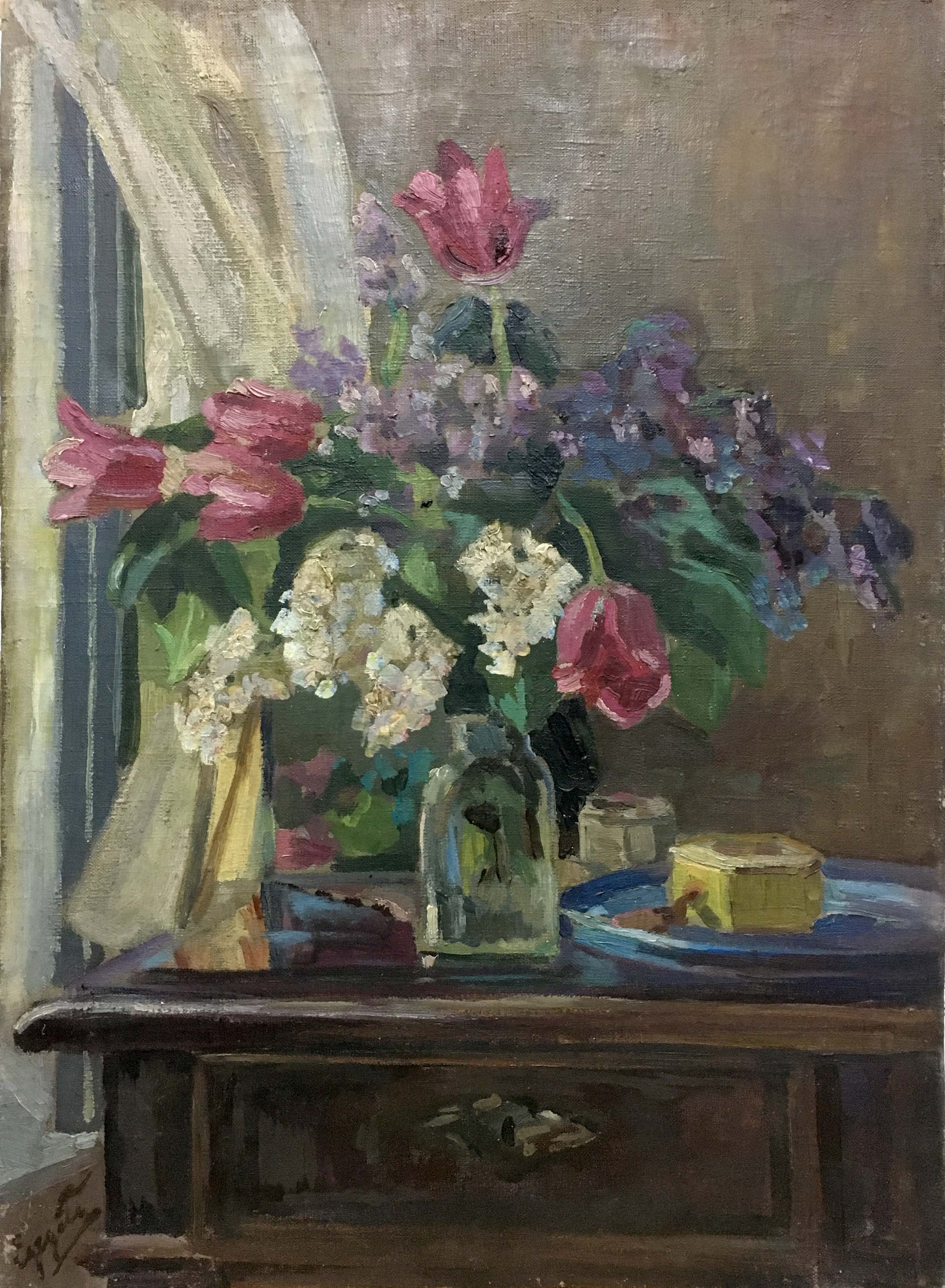 Oil painting of pink tulips, white hydrangeas, purple lilacs by Erdeli