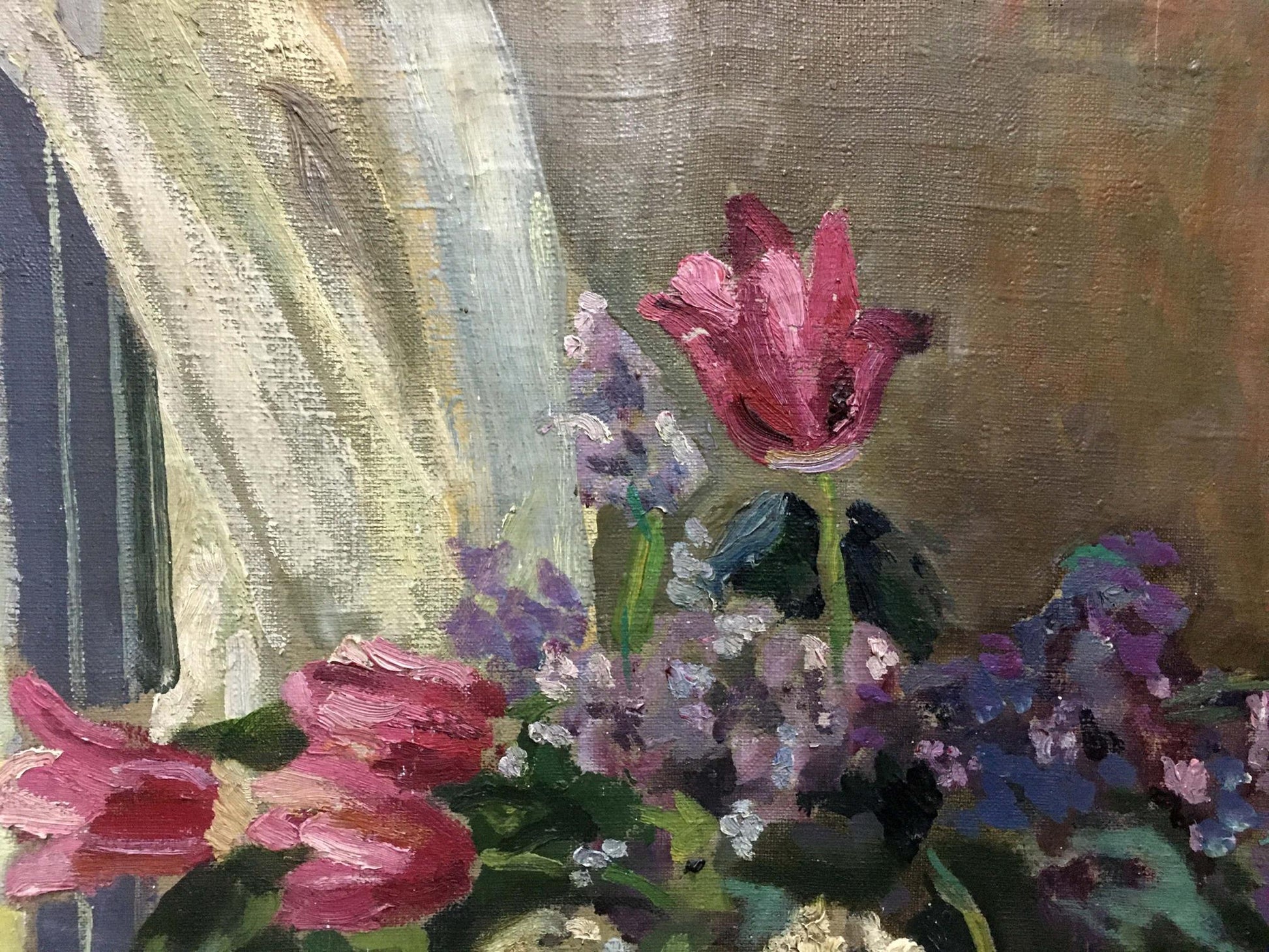 Oil painting of vibrant pink tulip and lilacs by Adalbert Erdeli
