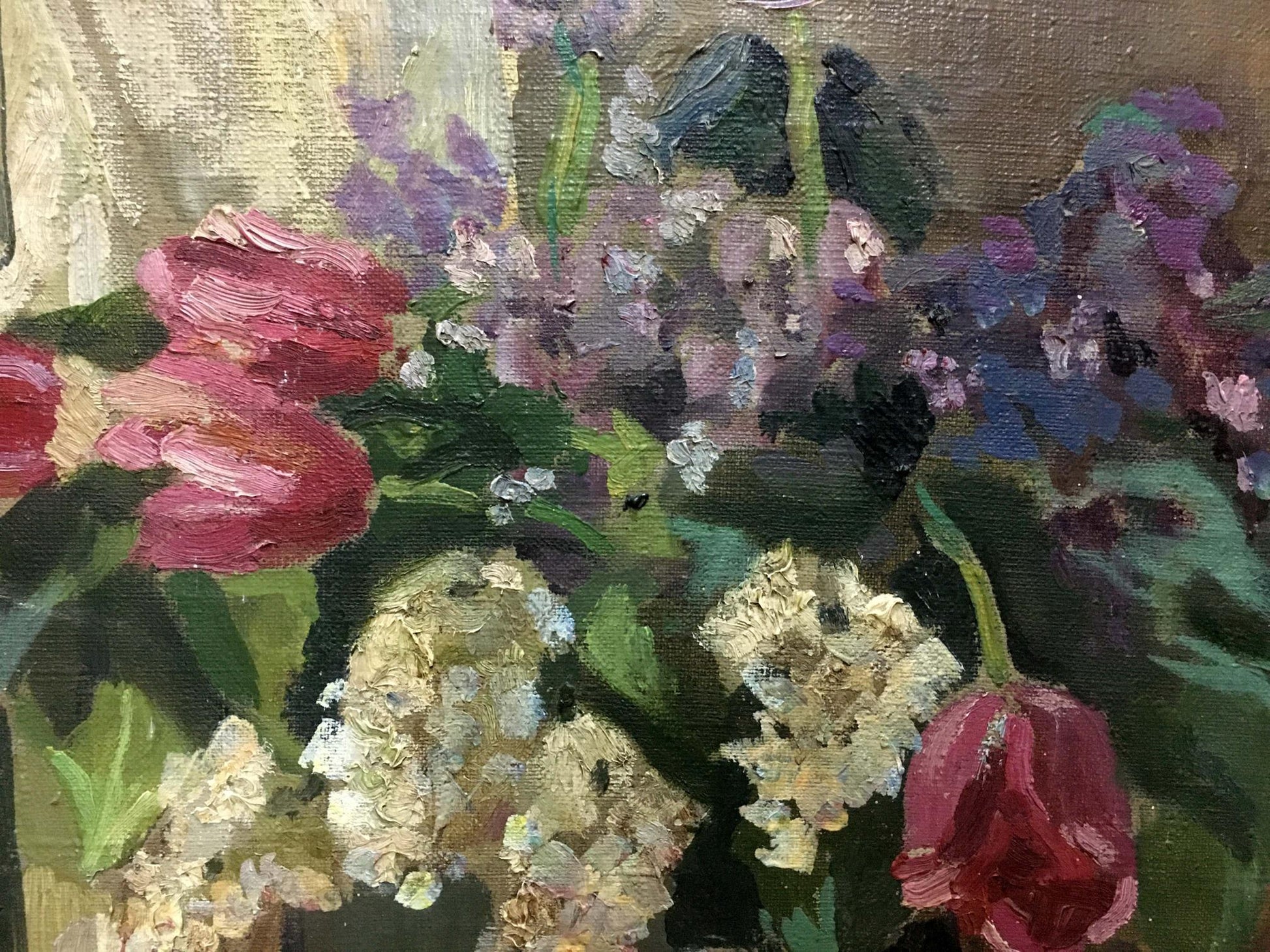 Oil painting of tulips and lilacs by Adalbert Mikhailovich Erdeli
