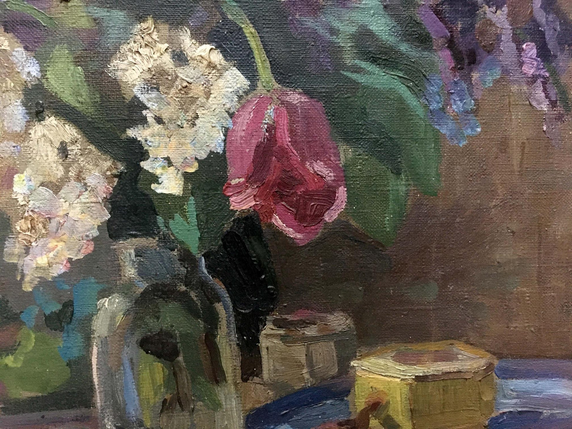Oil painting of vibrant pink tulip, white flowers and foliage by Erdeli
