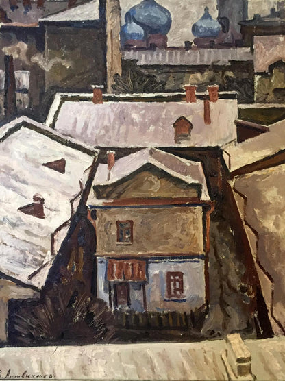 Oil painting by Gavdzinsky Albin Stanislavovich of snow-covered Ukrainian town