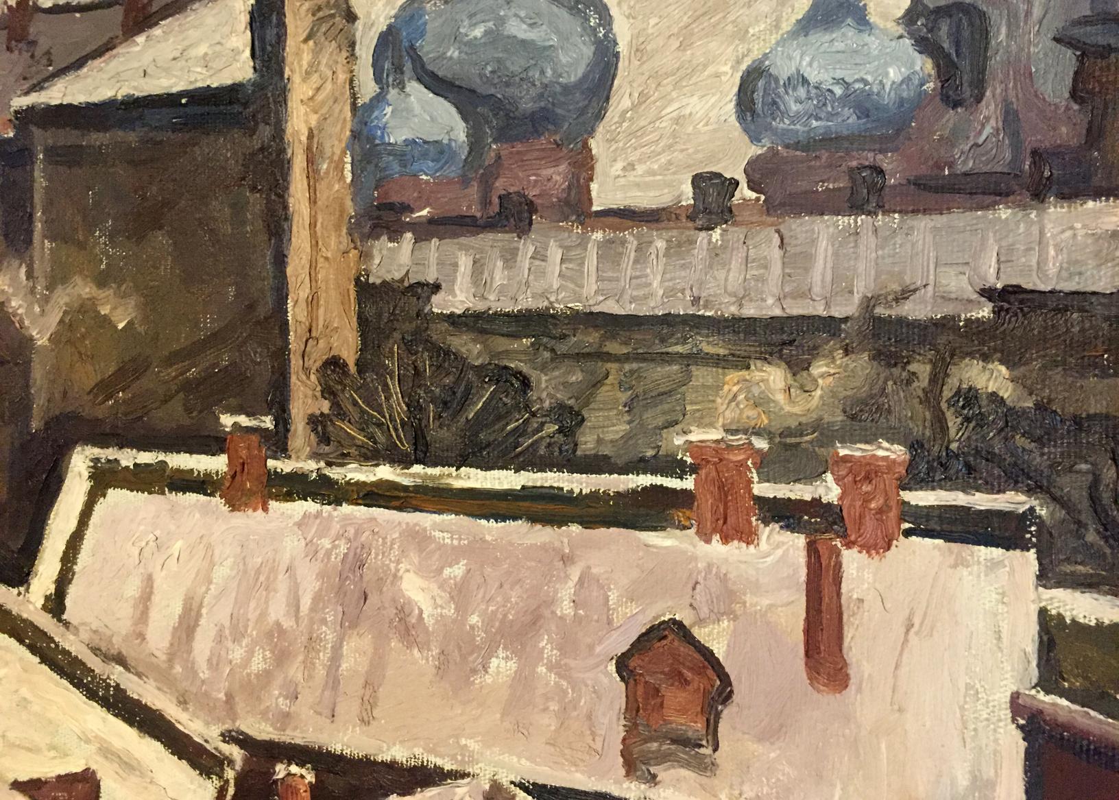 Blue ceramic vases on stone ledge in Gavdzinsky oil painting