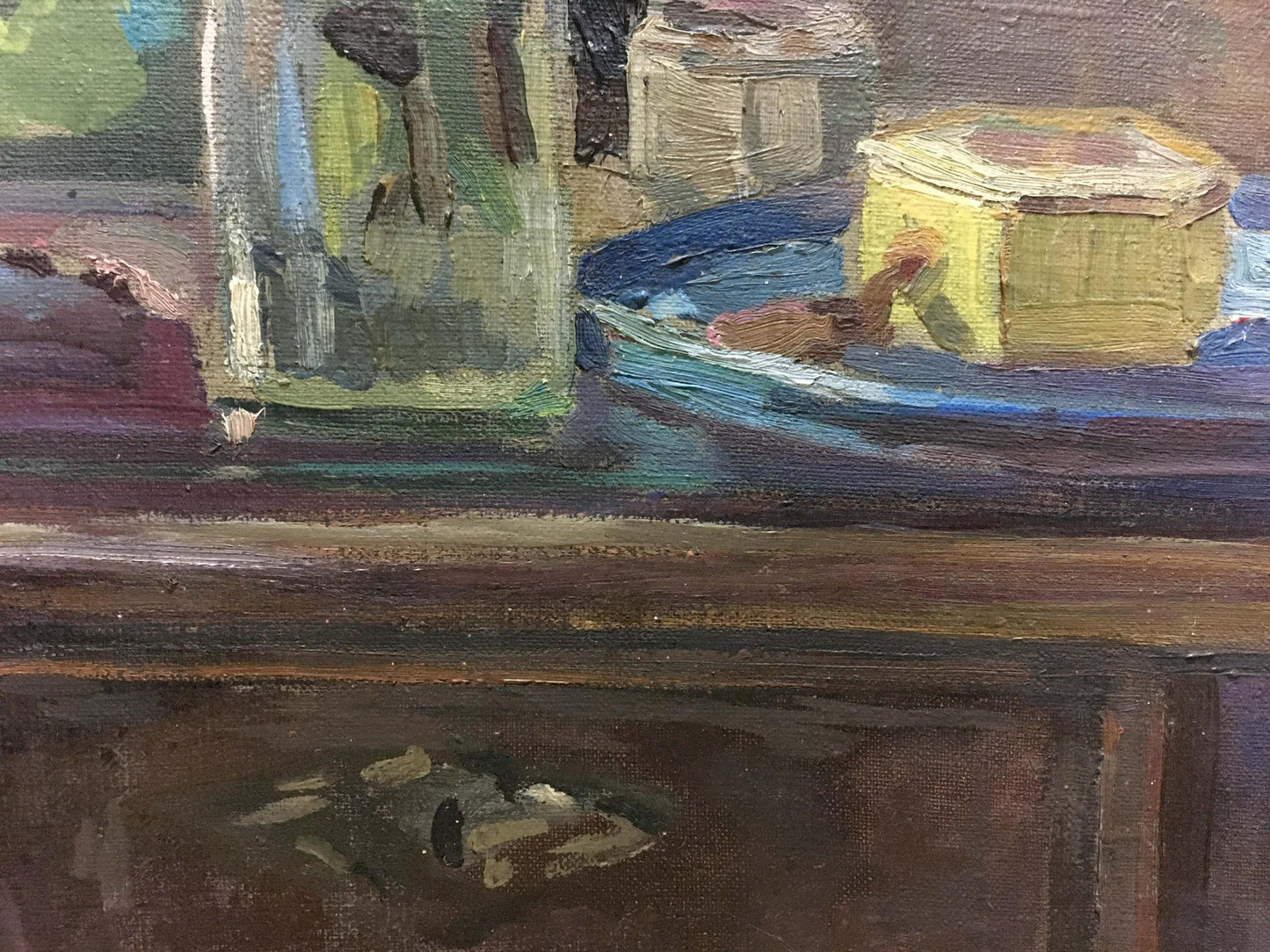 Yellow hexagonal box with worn surface for Erdeli Tulips and lilacs oil painting