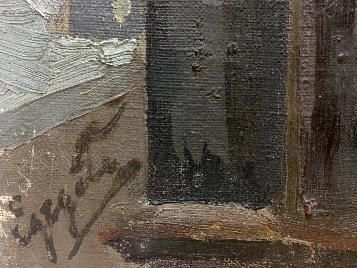 Oil painting of tulips and lilacs by Adalbert Mikhailovich Erdeli, impasto grays and browns