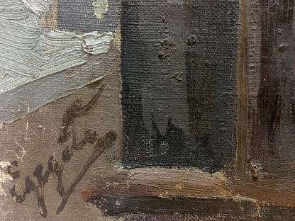 Oil painting of tulips and lilacs by Adalbert Mikhailovich Erdeli, impasto grays and browns