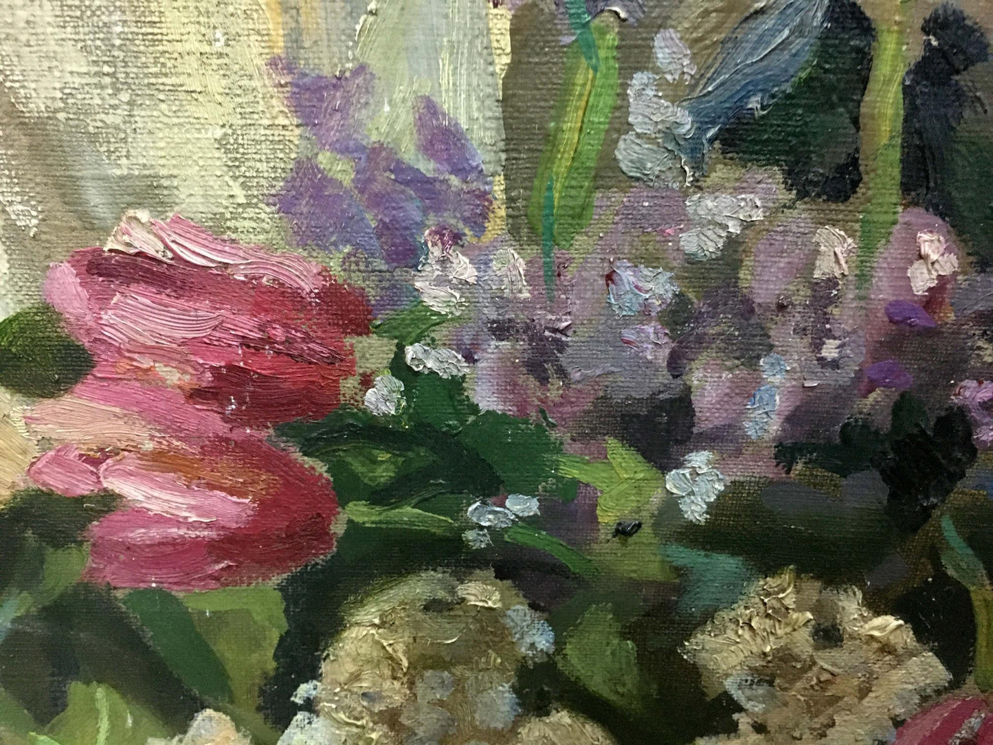 Vibrant pink tulip in impressionistic oil painting Tulips and lilacs by Erdeli