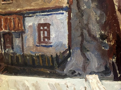Oil painting by Gavdzinsky Albin Stanislavovich: rustic white house, dark trees