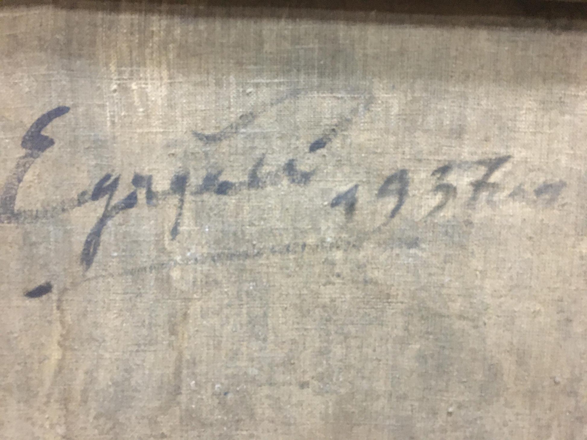 Faded blue Adalbert Mikhailovich Erdeli signature on oil painting canvas back