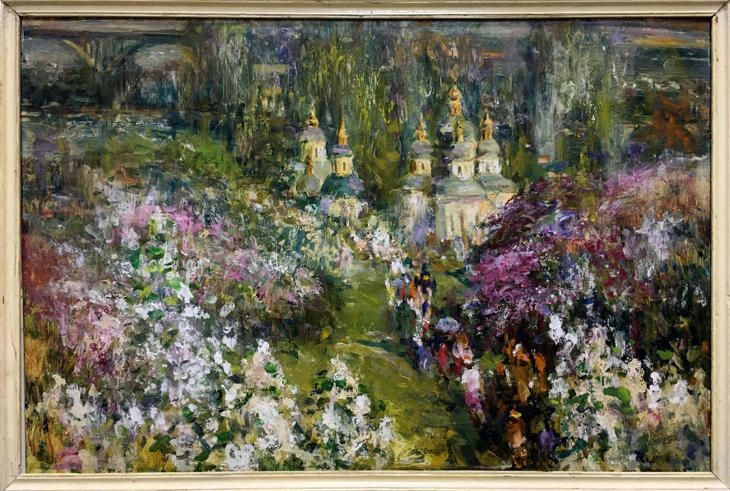 Framed oil painting by Gubsky Igor Ivanovich: vibrant garden with churches