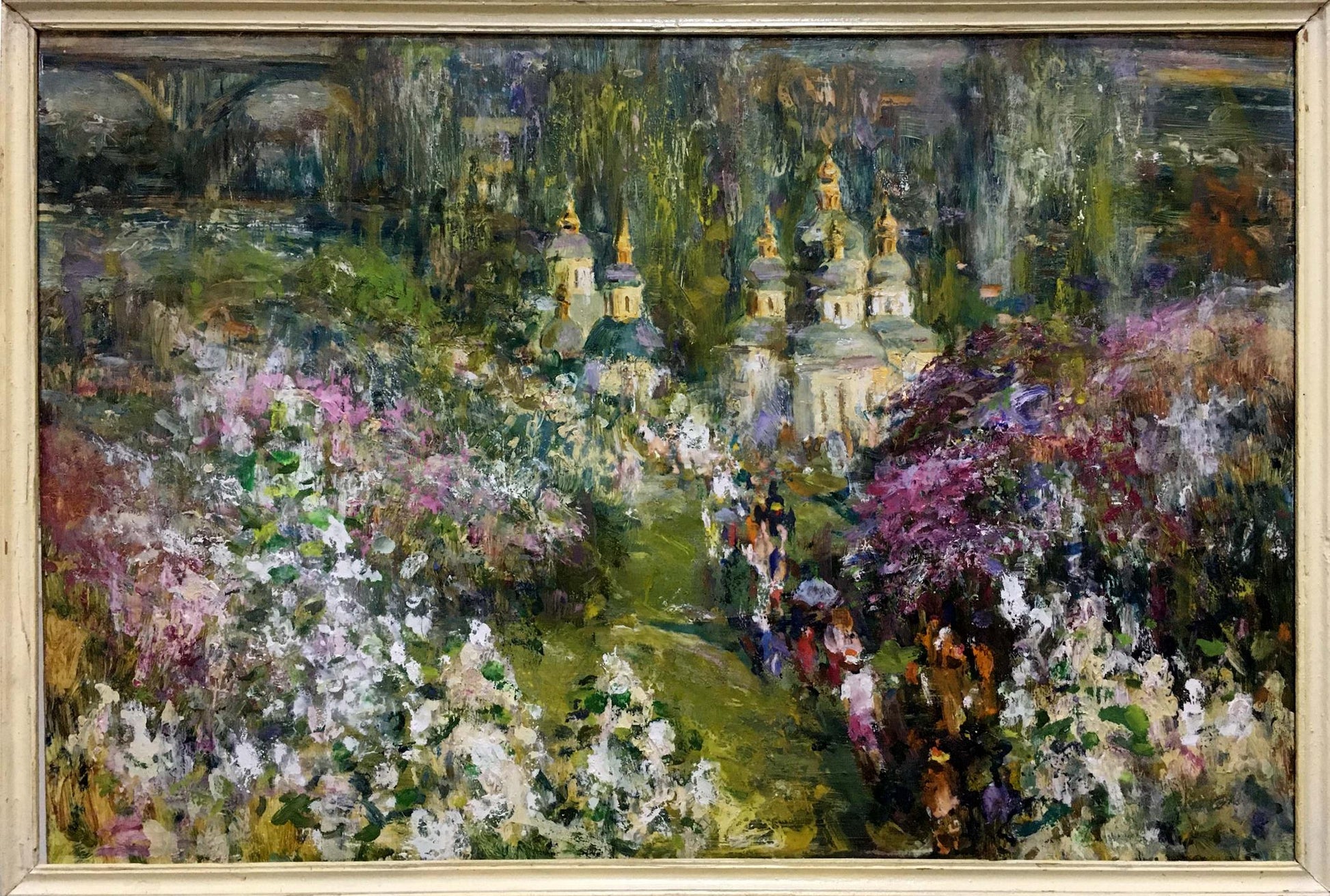 Framed oil painting by Gubsky Igor Ivanovich: vibrant garden with churches