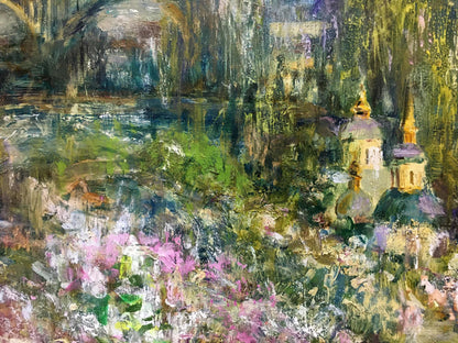 Oil painting by Gubsky Igor Ivanovich: golden-domed churches in lush greenery
