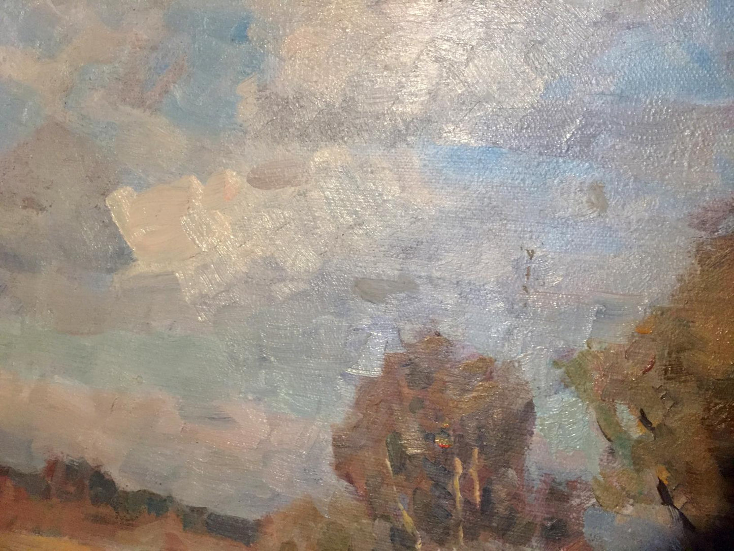 Oil painting Woodlands by Boris Naumovich Rapoport, cloudy sky over brown trees