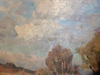 Oil painting Woodlands by Boris Naumovich Rapoport, cloudy sky over brown trees